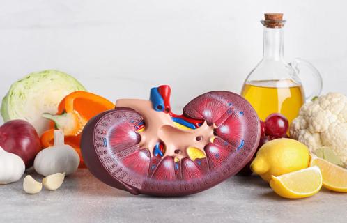 An oversized anatomical medical model of a kidney among healthy kidney foods