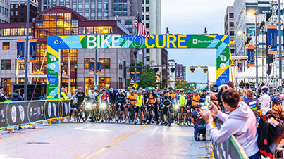 The Velosano Bike to Cure weekend starting line in Downtown Cleveland.